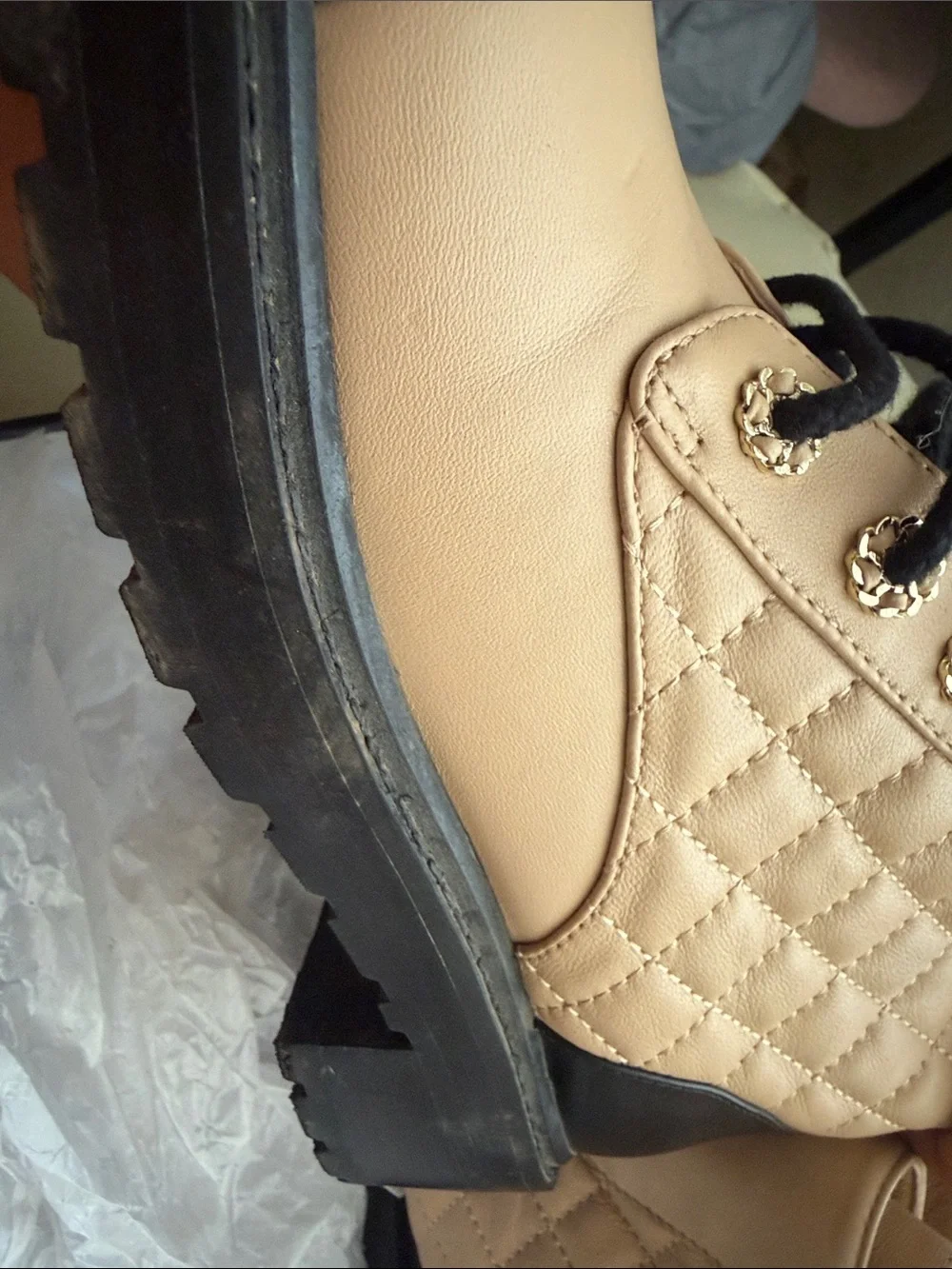 CHANEL Beige Quilted Lace-Up Ankle Boots with Black Cap Toe